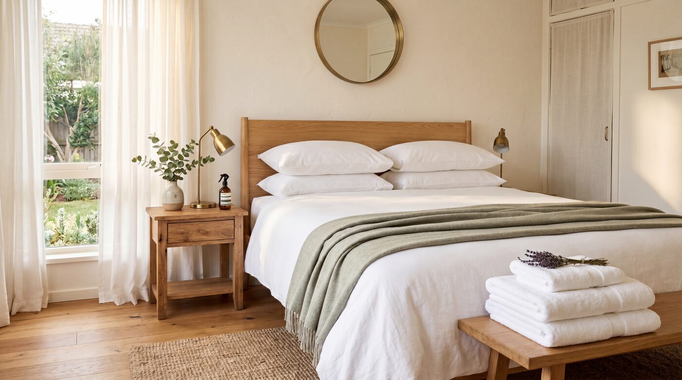 Stylish Airbnb bedroom with crisp white linens, sage throw, and stacked towels