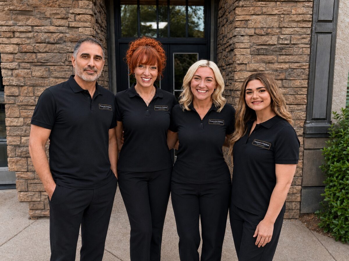 The Prepared and Polished Services team in branded polos outside a home